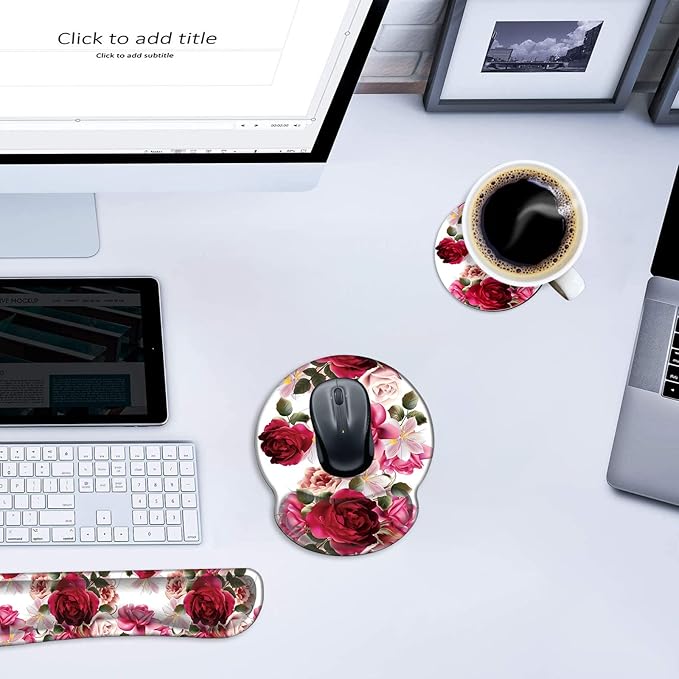 Mouse Pad Wrist Support and Keyboard Wrist Rest with CoasterNon-Slip Rubber Base Ergonomic Gaming Mousepad for Home Office Working Studying Easy Typing &amp Pain ReliefRoses and Hyacinth Flowers