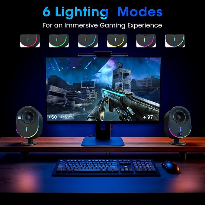 Computer Speakers LITTOAK Bluetooth PC Speakers AC Powered Gaming Speaker with 3 EQ Modes Stereo Speakers with 6 RGB Modes Aux in Headphone USB port Speaker for Laptop/Desktop/TV 2*15W 2.0 CH