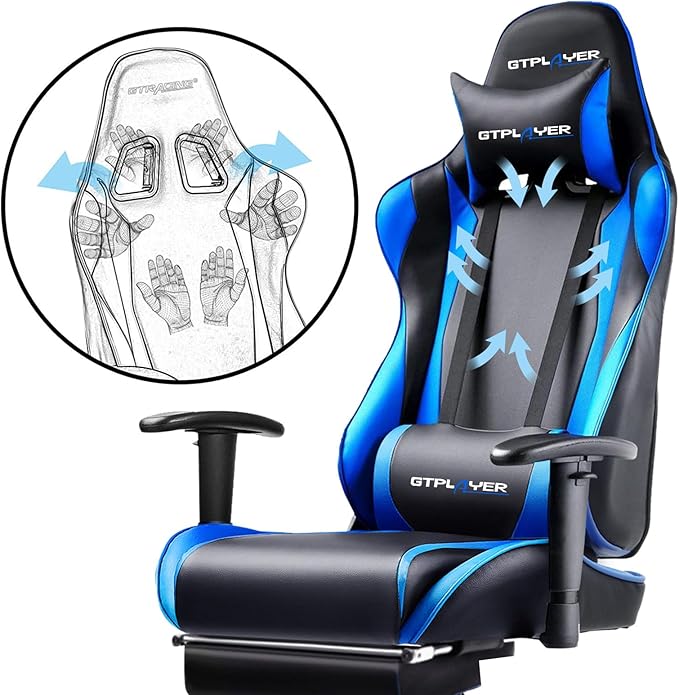GTPLAYER Gaming Chair with Footrest Ergonomic Computer Game Desk Chair Reclining Gamer Chair Seat Height Adjustment Swivel Rocker with Headrest and Lumbar (Blue)