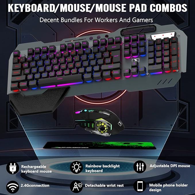 Wireless Gaming Keyboard and Mouse ComboRainbow LED Backlit Keyboard with Rechargeable 3800mAh Battery Metal PanelRemovable Wrist Rest Mechanical Feel and 7 Color Mute Gaming Mice for PC PS4 PS5