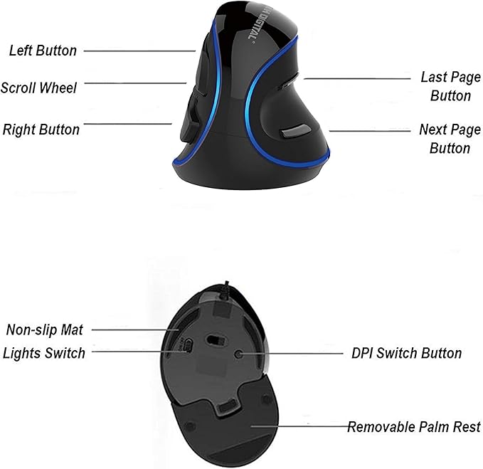 J-Tech Digital Wired Ergonomic Vertical USB Mouse with Adjustable Sensitivity (600/1000/1600 DPI) Scroll Endurance Removable Palm Rest &amp Thumb Buttons [V628]