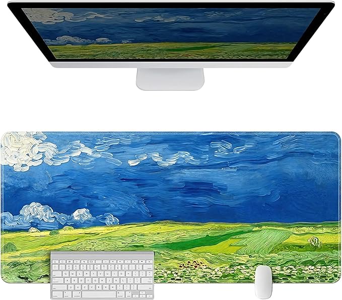 Large Mouse PadExtra Long and Thick Desktop Mouse Pad with Stitched Edges Non-Slip Base Waterproof Keyboard Pad for Office and HomeVan Gogh-Wheatfields Under Thunderclouds(35.4x15.7x0.12 Inch)