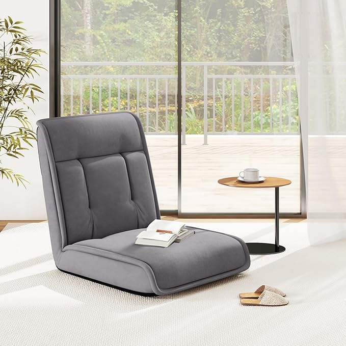 COSTWAY Folding Floor Chair Convertible Lazy Sofa Chair with 14-Poistion Adjustable Backrest 5-Position Adjustable Headrest Cushioned Floor Gaming Chair for Adults Reading Meditating (Grey)