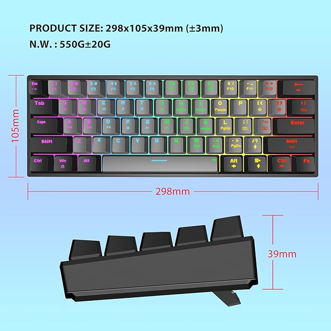 Snpurdiri 60 Percent Machanical Keyboard Red Switches Full Anti-Ghosting 60% Gaming Keyboard Rainbow Backlit for PC Gamer Office Business (Black-Grey Red Switches)