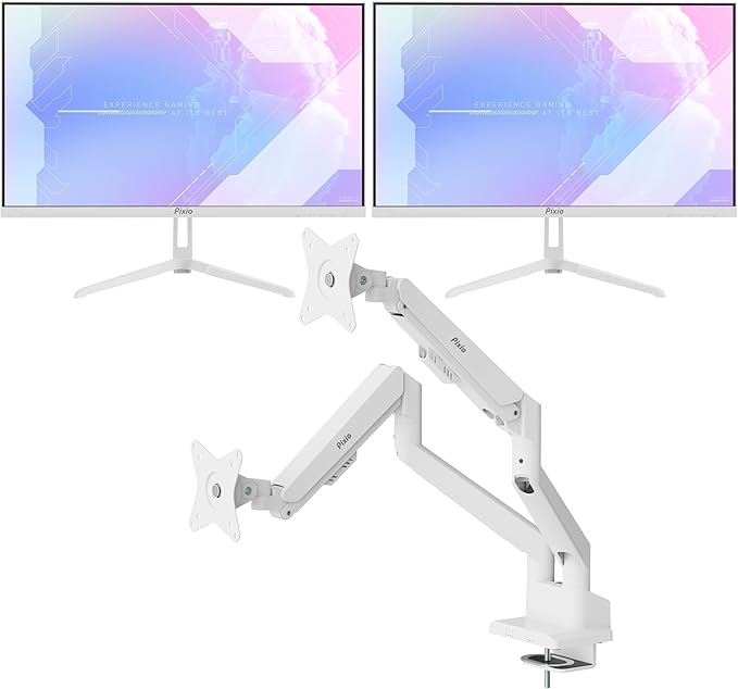 Pixio Two PX248 Wave White 24 inch 200Hz FHD 1080p Resolution Fast IPS Panel 1ms GTG Response Time Gaming Monitor and PS1D Wave White Dual Monitor Arm - Fits up to 32 inches and 19.8lbs