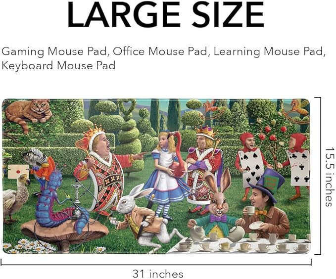 Alice in Wonderland Garden Party Large Gaming Mouse Pad Desk Mat with Stitched Edges Non-Slip Base