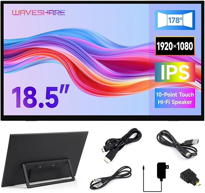 Waveshare Luckfox 18.5inch Touch Monitor with Stand Compatible with Raspberry Pi/Jetson Nano and PC 1920 × 1080 120Hz Refresh Rate Mini HDMI/Type-C Display Ports IPS Screen 10-Point Touch