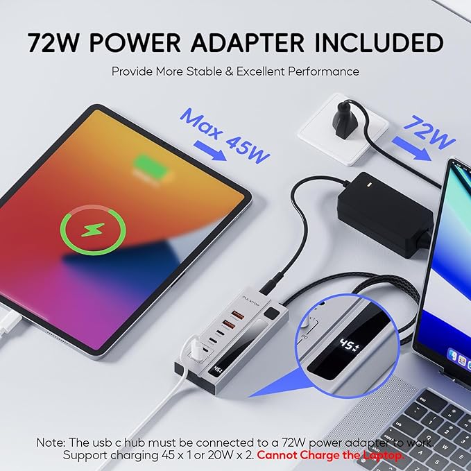 Powered USB C Hub PULWTOP USB Hub Powered Support 10Gbps Data &amp PD 45W Charging Not Support Video 2USB-C 10Gbps Ports 2USB 3.1 10Gbps Ports power adapter for iMac MacBook Pro/AiriPad XPS Ada