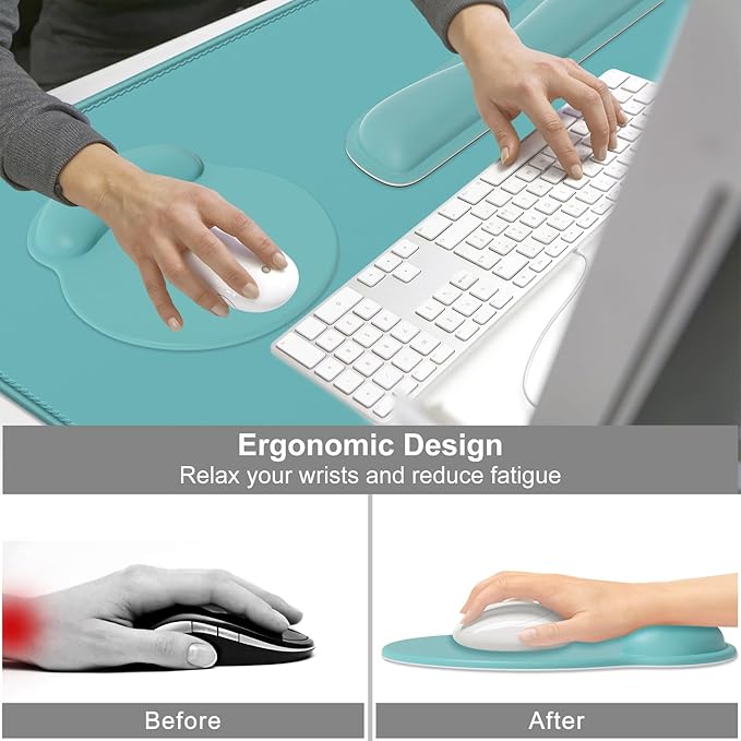 Dapesuom Large Gaming Mouse Pad Mouse Pads with Wrist Rest Wrist Support 4in1 Big XXL Desk Mat Desk Pad + Ergonomic Mousepad + Memory Foam Keyboard Mat Wrist Rest + Coaster Set for Computer Green