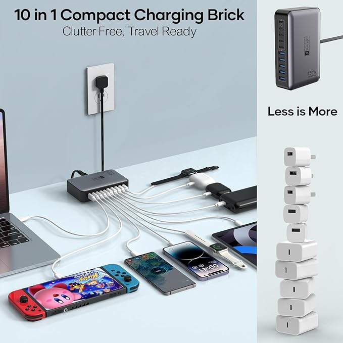 USB C Charger Block 10 Ports 450W USB Charging Station for Multiple Devices 5 Type C + 5 USB A GaN PD Charger Hub Compact Power Brick Super Fast Charging for MacBook Ipad iPhone Samsung