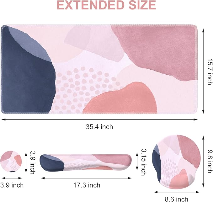 iCasso Desk Mat Gaming Mouse Pad Wrist Support Set XXL Large Mousepad + Keyboard Wrist Rest+Mouse Wrist Rest+Coastert with Ergonomic Design for Home Office Computer (C-Four-Pink-Block)