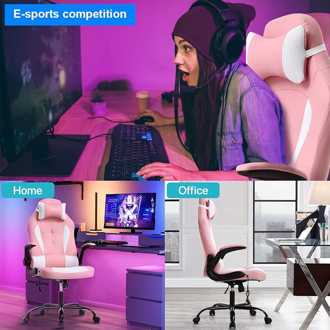 Dkeli Massage Gaming Chair Ergonomic Office Chair High Back Desk Chair PU Leather Executive Chair with Lumbar Support Headrest Armrest PC Racing Computer Chair Task Rolling Swivel ChairPink