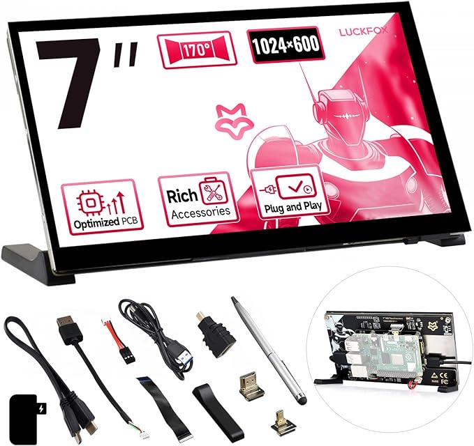 Generic LUCKFOX Touchscreen7 inch HDMI 1024x600 Portable Monitor Compatible with Raspberry Pi 5/4/4B/3/3B/Zero 2 W/All Pi VersionPlug &amp Play LCD IPS Display with Stand Black