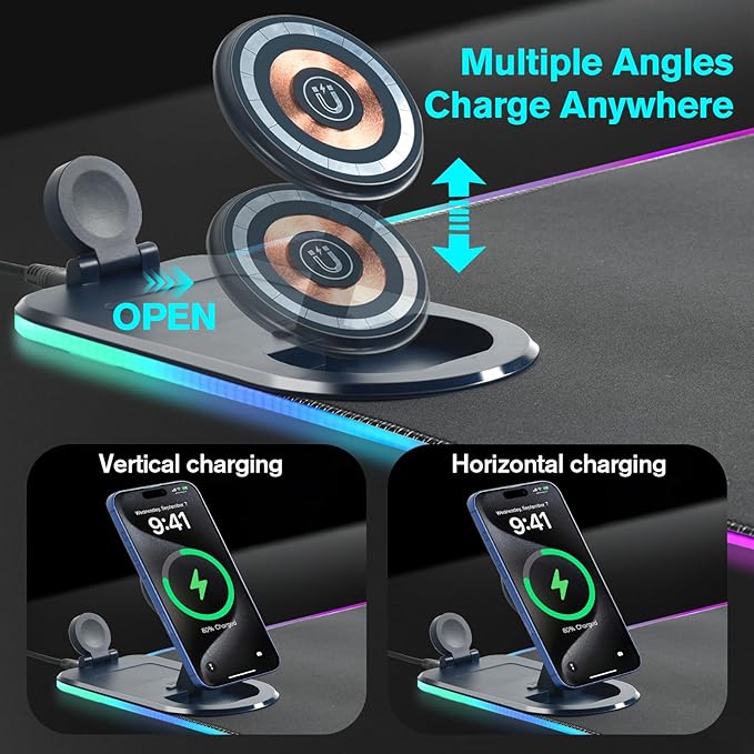 ELUTENG Mouse Pad with Phone Holder 4in1 Wireless Charging Desk Mat RGB Ultra-Smooth Gaming Mousepad Waterproof Home Office Large Desk Pad 31.5x11.81 Large Desk Pad Non-Slip Base Keyboard Pad
