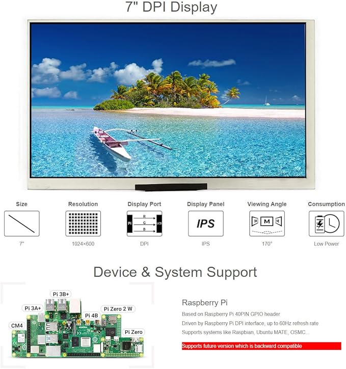 waveshare 7inch Display Compatible with Raspberry Pi 4B/3B+/3B/2B/B+/A+/Zero/Zero W/WH/Zero 2W Series Boards 1024×600 Resolution DPI Interface IPS No Touch
