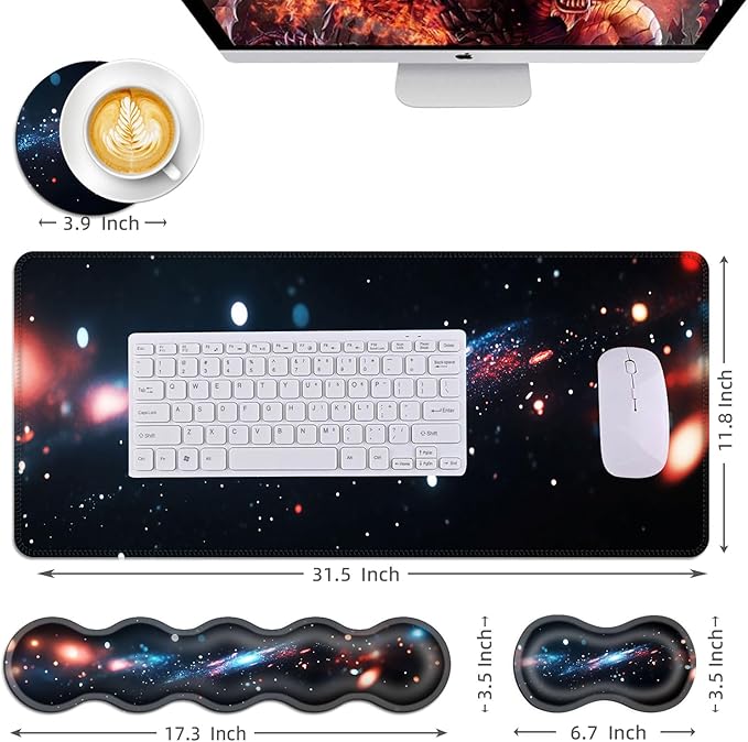 Mouse PadLarge Desk Mat Set 4in1 XL Mousepad + Keyboard Wrist Rest+Mouse Wrist Rest+Coaster with Ergonomic Desk Pad for Home Office Table Computer Cover -Colorful Galaxy Nebula