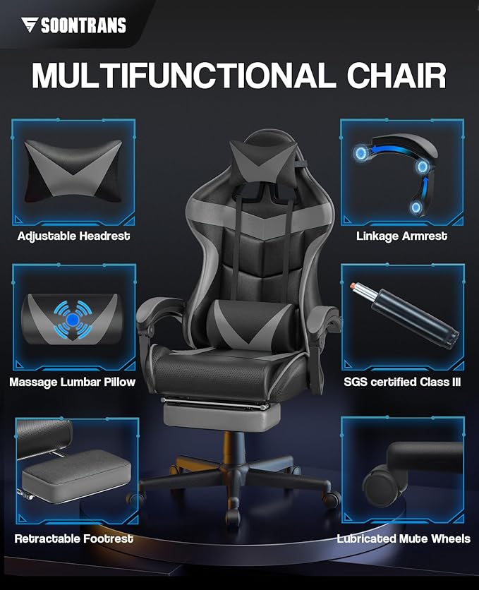 Soontrans Grey Gaming Chairs with FootrestErgonomic Computer Game Chair Gamer Chair with Lumbar Pillow and Adjustable Headrest (Galaxy Grey)