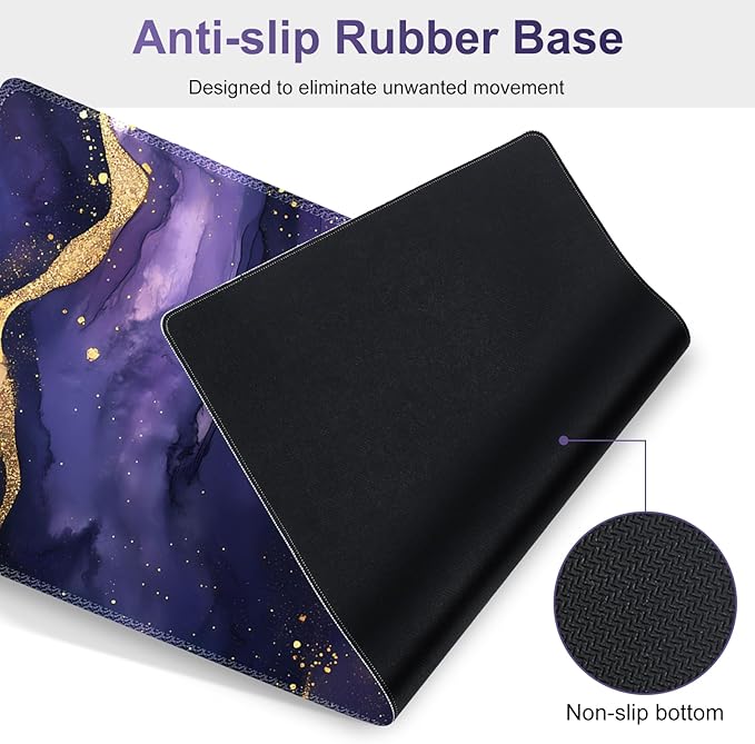 Large Gaming Mouse Pad Set 4 in1 Ergonomics Keyboard Desk Mat with Memory Foam Wrist Rest Extended Game Mousepad Non-Slip Desk Pad Matt Easy Typing Pain Relief I Purple Golden Marble