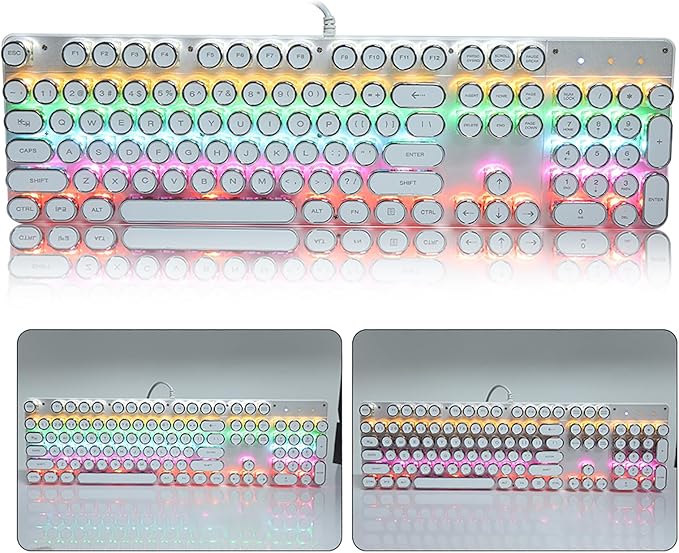 Mechanical Keyboard LED Backlit USB Wire Ergonomic Gaming Keyboard with Retro Round Computer Parts