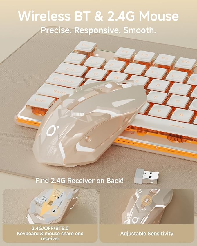 EWEADN V3 Wireless Keyboard and Mouse with Single Backlit Metal Panel Bluetooth/2.4G Rechargeable Computer Keyboard and Mouse Combo Silent Lighted Full Size Cute Keyboards-Rose Gold