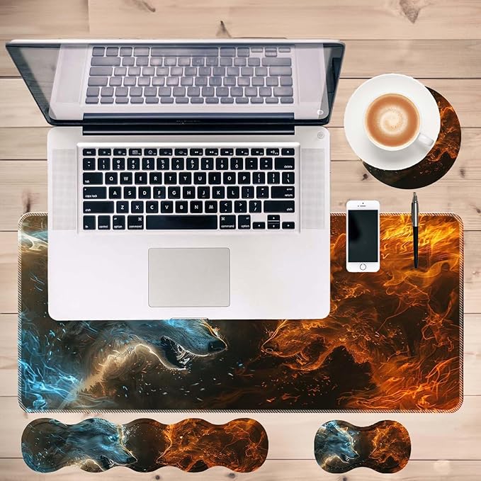 Keyboard Mouse Pad SetLarge Desk Pad+Keyboard Wrist Rest+Mouse Pad Wrist Support+CoasterEasy Typing Pain Relief Non-Slip Mousepad Wrist Support Mousepad Set Home OfficeFire with Ice Wolf