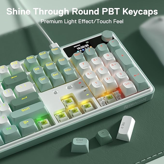Redragon K761 Wireless Gasket Gaming Keyboard w/Hype Screen &amp Knob 104 Keys Mechanical Keyboard Easy-Control 1.26’’ TFT Info Display 5-Layer Noise Dampening Custom Linear Switch Jade Cloud Co