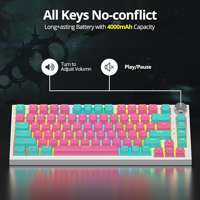 82 Keys Wireless Gaming Keyboard 75 PercentTriple Mode Bluetooth/2.4Ghz/USB Pre-lubed Hot Swappable Mechanical Pink Keyboard w/Knob&ampSound-Absorbing Pads4000mAh Battery for Mac/Win(Miami)