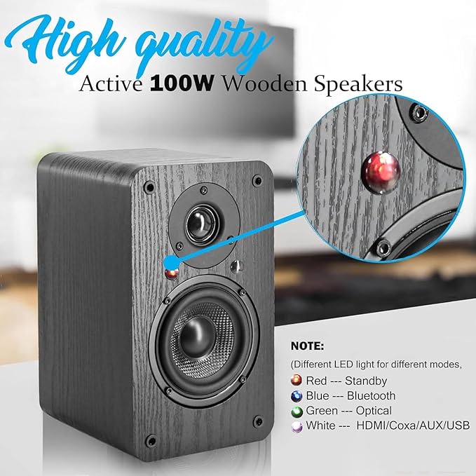 LONPOO Powered Bookshelf Speakers - Wireless 100W RMS Bluetooth with eARC - Powerful Home Music System - Home Theater Systems Studio Monitors
