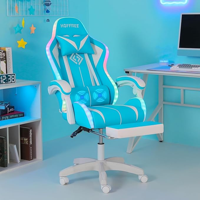 RGB Gaming Chair with LED Lights Massage Game Chair with Footrest Ergonomic Computer Chair High Back Video Game Chair with Adjustable Lumbar Support Linkage Armrest Blue and White