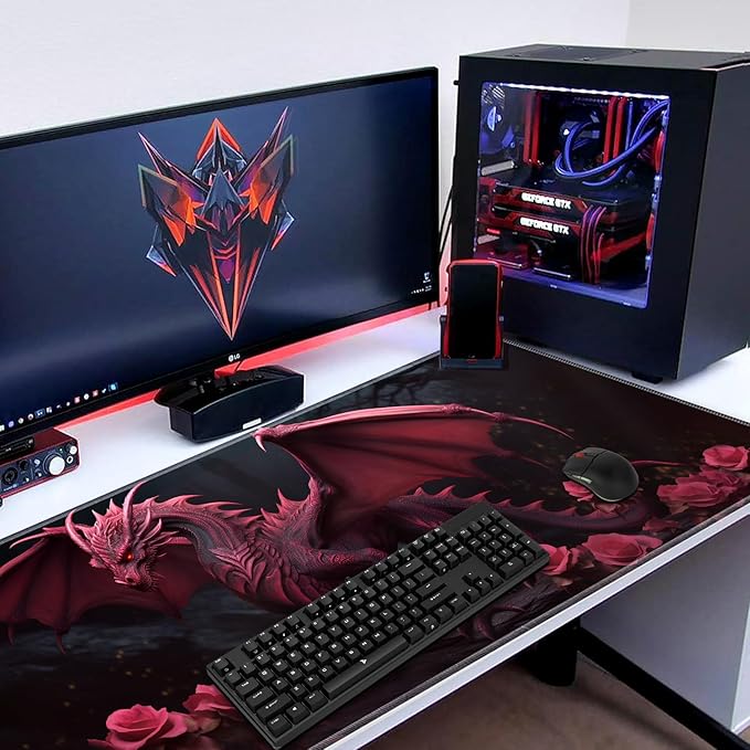 Mouse Pad Set Large Gaming Mouse Pad (31.5X 11.8 inches)+ Wrist Rest Pad + Coaster Ergonomic Wrist pad Home Office Desk Accessories Decor Supplies Rose Dragon
