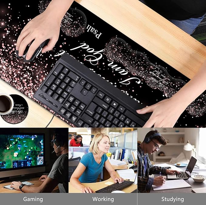 Large Black Mouse Pad Gaming Mouse Pad Memory Foam Keyboard Wrist Rest Office Desk Pad with Stitched Edges Laptop Desk Table ProtectorPsalm 46:10 Rose Gold Glitter Writing Mat Extended Desk Mat