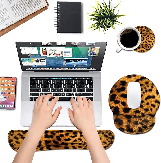 Keyboard Wrist Rest and Mouse Wrist Rest Pad Set with Coasters Ergonomic Support Non-Slip PU Base Easy Typing and Relieve Wrist Pain Perfect for Home Office Working Studying Leopard Print