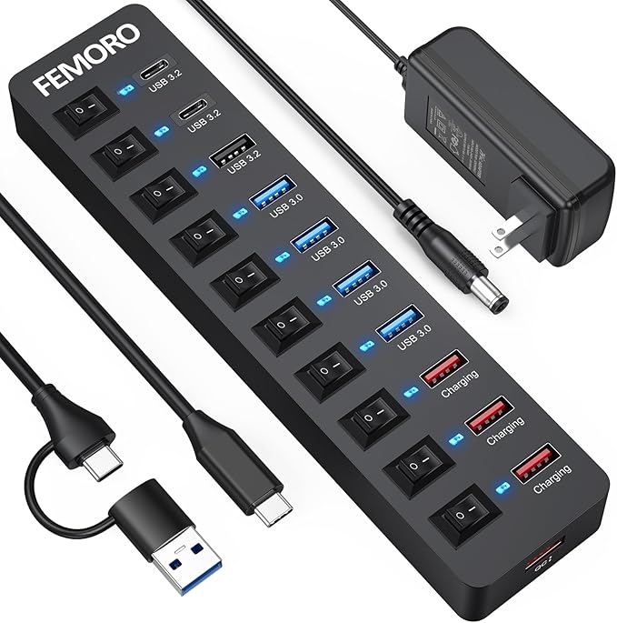 Powered USB C Hub 3.2 11-Port 48W USB-C 3.2 (10Gbps)*2 + USB-A 3.2 (10Gbps)*1 + USB-A 3.0 (5Gbps)*4 + Power-only Port*4 with 12V/4A Power Adapter High Speed for Laptop PC Phone SSD HDD Flash Drive