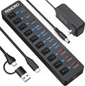 Powered USB C Hub 3.2 11-Port 48W USB-C 3.2 (10Gbps)*2 + USB-A 3.2 (10Gbps)*1 + USB-A 3.0 (5Gbps)*4 + Power-only Port*4 with 12V/4A Power Adapter High Speed for Laptop PC Phone SSD HDD Flash Drive