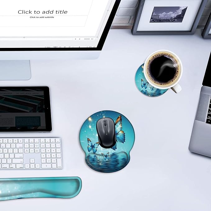 Mouse Pad Wrist Support and Keyboard Wrist Rest with CoasterNon-Slip Rubber Base Ergonomic Gaming Mousepad for Home Office Working Studying Easy Typing &amp Pain ReliefBlue Magic Butterfly Over Wat