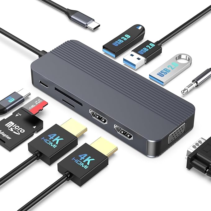 Docking Station Dual Monitor 10-in-1 USB C Hub with Dual 4K HDMI VGA 100W PD 1 x USB 3.0 2 x USB 2.0 SD/TF Card Reader 3.5mm Audio Ideal for HP/Dell/Lenovo/Mac Laptops