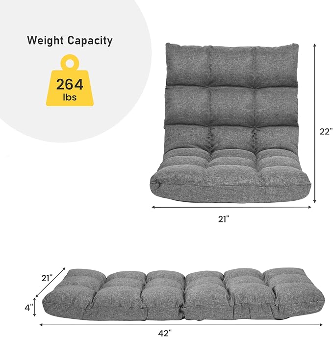 MAT EXPERT 14-Position Floor Chair Floor Gaming Chair w/Resilience Sponge Alloy Steel Frame Padded Bed Couch Recliner Floor Chair with Back Support for Reading Meditating (Gray)