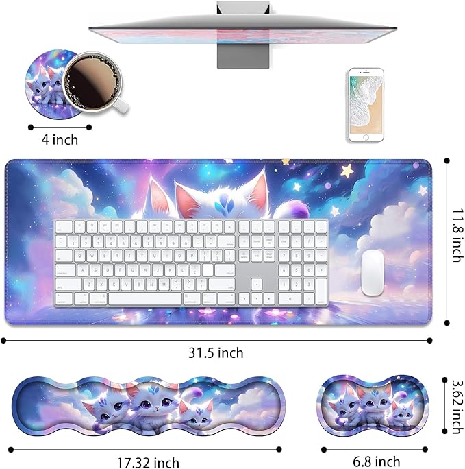 4 in 1 Ergonomic Keyboard Wrist Rest &amp Mouse Pad Wrist Rest Set Large XXL Gaming Desk Mat 31.5x 11.8 with Non-Slip Base Memory Foam for Home Office Study Gaming Cute Cat