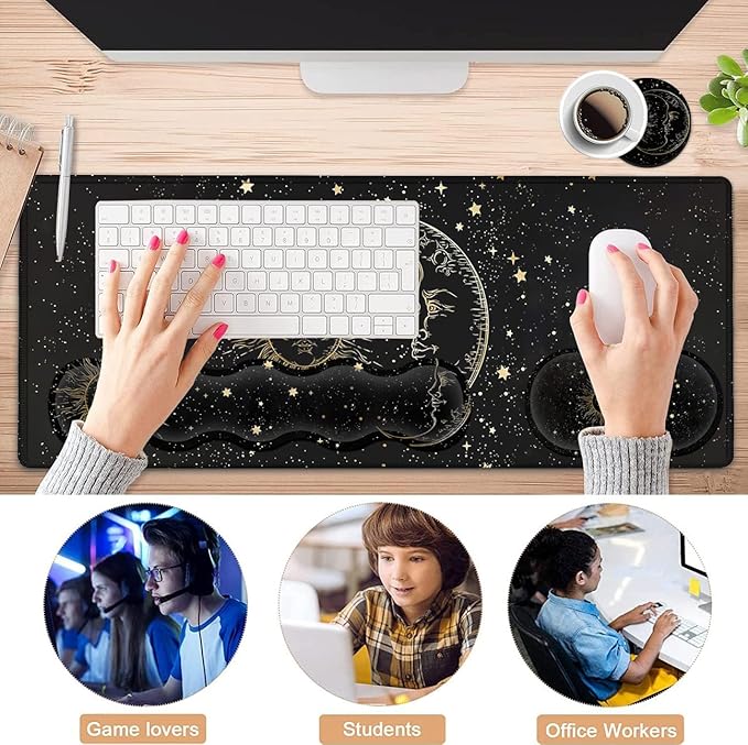 JVGFYNKL Extended Large Mouse Pad+Keyboard Wrist Rest Support  Ergonomic Memory Foam Wrist Rest Easy Typing 4Pcs Desk Pad Set for Home Office Sun Moon Star Pattern XXL Gaming Black Desk Mat