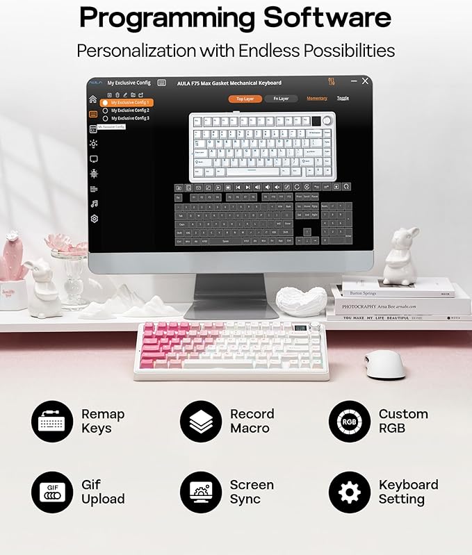 EPOMAKER X Aula F75 MAX Wireless Mechanical Keyboard with TFT Screen and Knob Gasket Keyboard in 75% Layout Hot Swappable Gaming Keyboard for PC/Mac/Linux (White Pink)