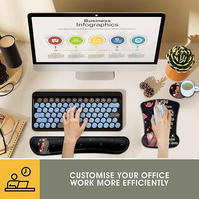 Keyboard Wrist Rest and Mouse Pad Wrist Support Set Ergonomic Gel Mouse Pad Wrist Rest with Non-Slip Base for Home Office Desk Pad African American Women Black Girl Black Gaming Mouse Mat