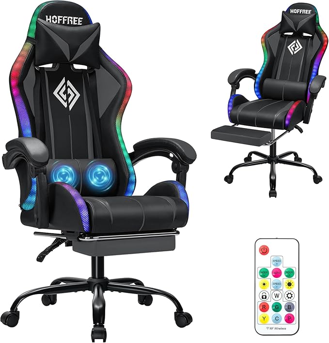 Gaming Chair Massage with LED RGB Lights and Footrest Ergonomic Computer Chair High Back Video Game Chair with Adjustable Lumbar Support Linkage Armrest Grey and Black