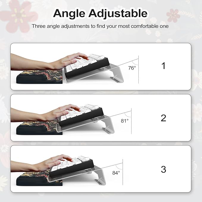Keyboard Stand for Desktop Floral Wrist Support for Keyboard Anti-Fatigue Memory Foam Wrist Rest 3-Angle Adjustable Acrylic Riser for Office Home (Black Floral)