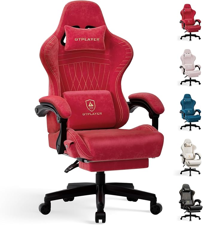 GTPLAYER Gaming Chair with Speakers Video Game Chairs with Footrest PC Gamer Chairs for Adults - Padded High Back Ergonomic Reclining Silla Gamer Linkage Armrest Ace Pro Cherry Red（Velvet）