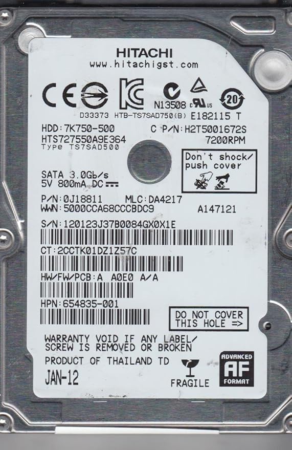 HTS727550A9E364 PN 0J18811 MLC DA4217 Hitachi 500GB SATA 2.5 Hard Drive (Renewed)