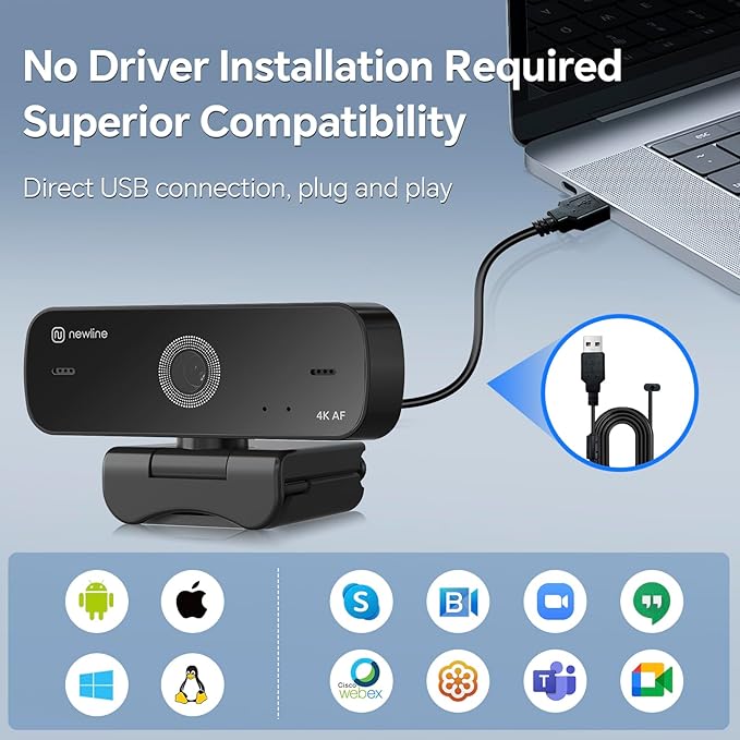 N newline 4K Webcam for PC 4K UHD USB Webcam with Microphone New Upgraded Auto Focus Low Distortion Privacy Cover PC Camera for Zoom Skype Teams Laptop Conferencing Calling NewEye 60s