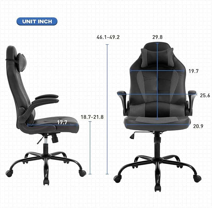 Gaming Chairs for Adults PU Leather Swivel Rolling Adjustable Game Chair with Lumbar Support Flip Up Arms Headrest for Adults Women Men Video Game Chairs Ergonomic Gaming Chair