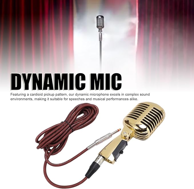 Dynamic Microphone Cardioid Pickup Vintage Retro Style Zinc Alloy Mic with XLR Cable Universal Stand Adapter for Live Stage Performance Studio Recording Karaoke (Gold)