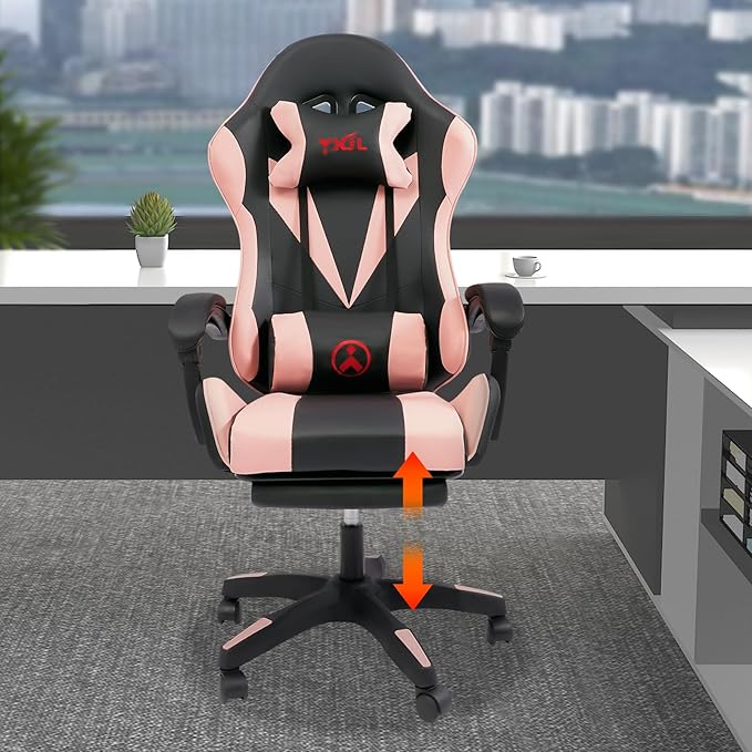 Gaming Chair with Footrest Computer Chair with and Lumbar Support Height Adjustable Game Chair for Office or Gaming (Pink)