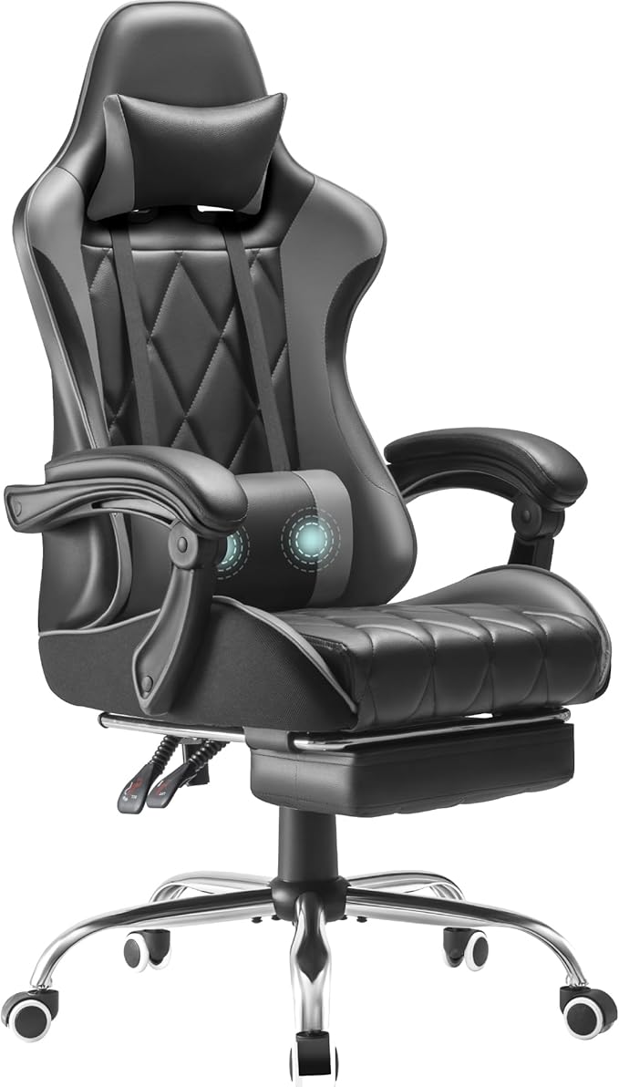 Homall Gaming Chair Computer Chair with Footrest and Massage Lumbar Support Ergonomic High Back Video Game Chair with Swivel Seat and Headrest (Grey)